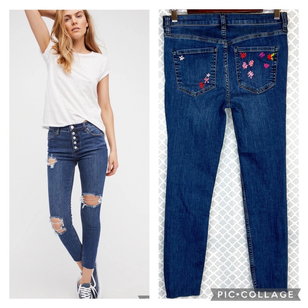 EUC Free People Destroyed Floral Reagan Button Fly Skinny Ankle Jeans